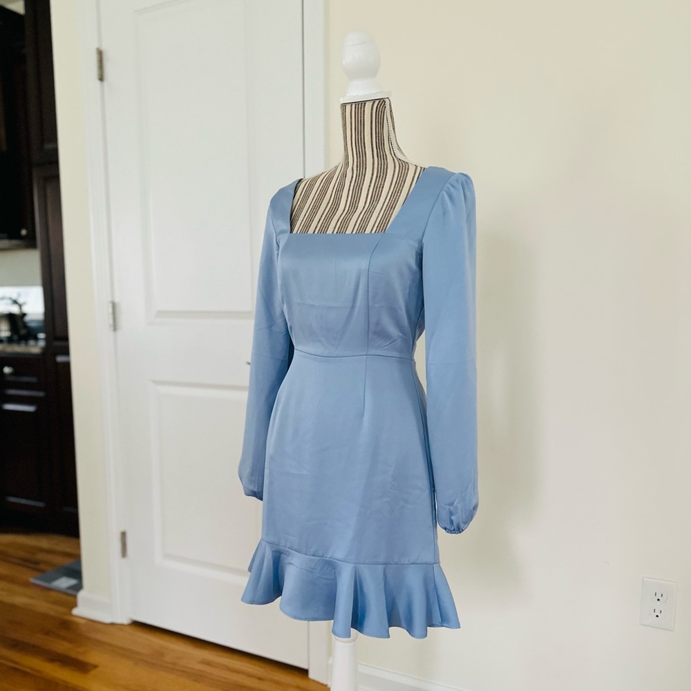 NWOT Blue Silk Satin Square Neck Sweetheart Dress S